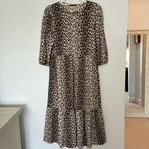 Zara Leopard Print Midi Dress Size Small Brown & Black Tiered 3/4 Sleeve Stretch